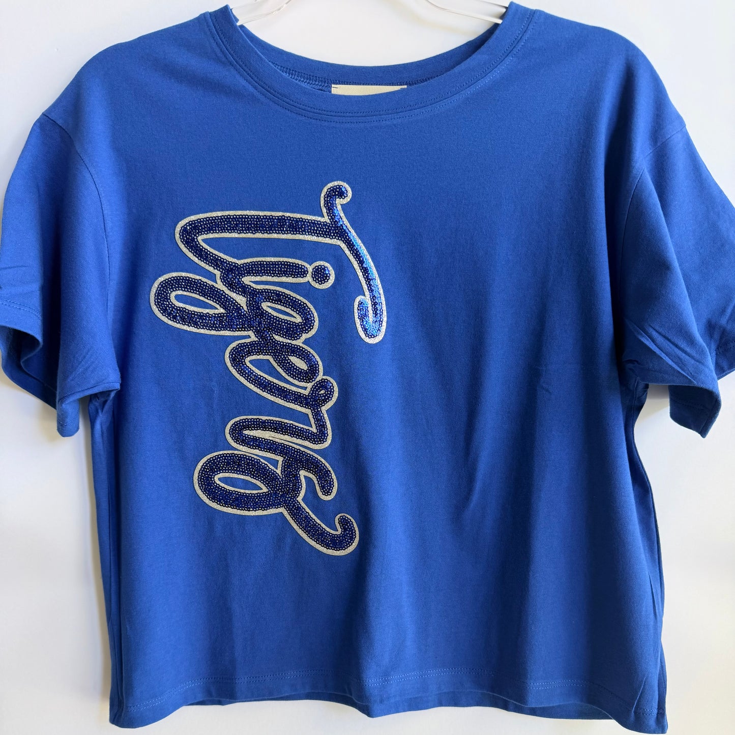 Woman's Blue Short Sleeve Crop Tee w/ Large Sequin Patch