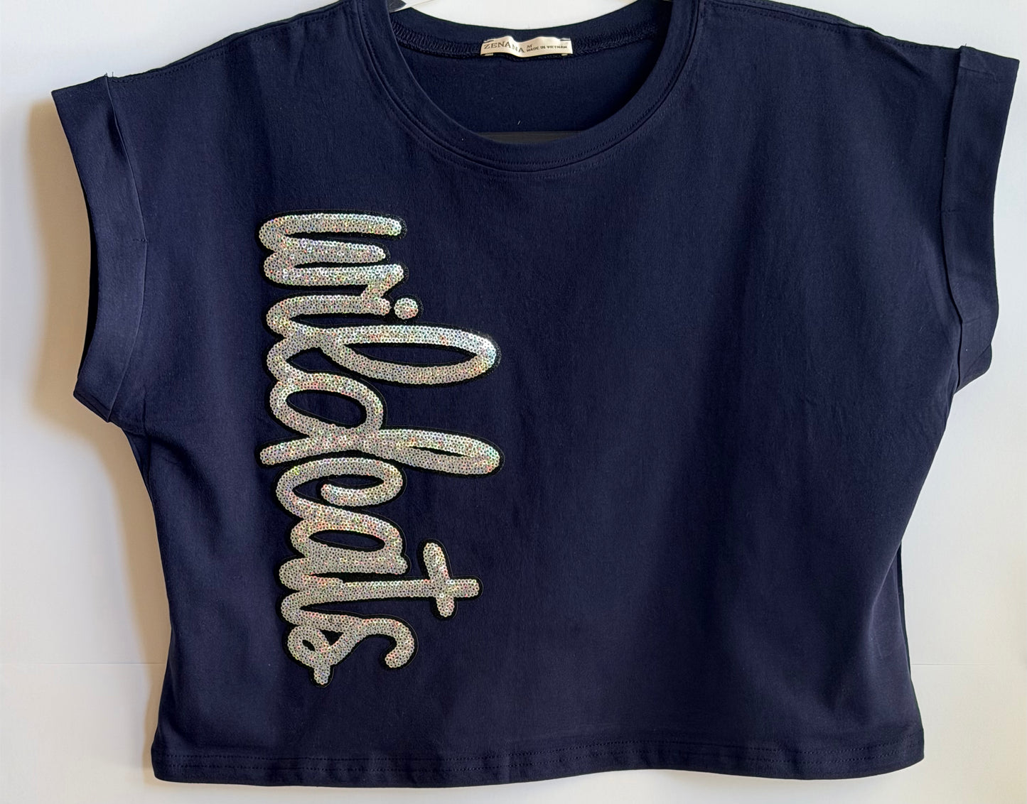 Woman's Navy Cuffed Crop Short Sleeve Top w/ Sequin Patch
