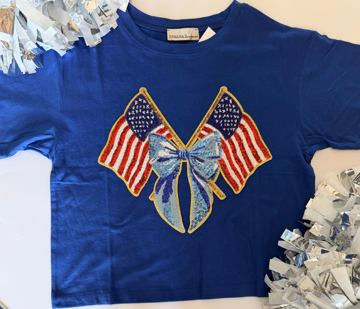 Woman's Blue Short Sleeve Crop Tee w/ Large Sequin Patch