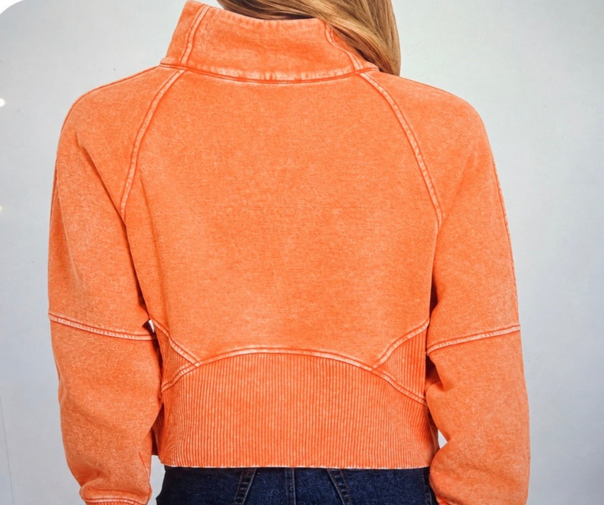 Acid-Washed Half Zip Pullover w/ Single Sequin Patch