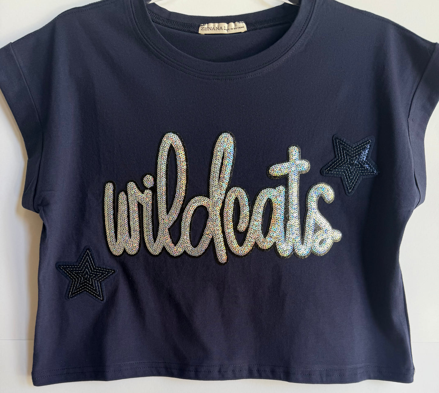 Woman's Navy Cuffed Crop Short Sleeve Top w/ Sequin Patch+2 Stars