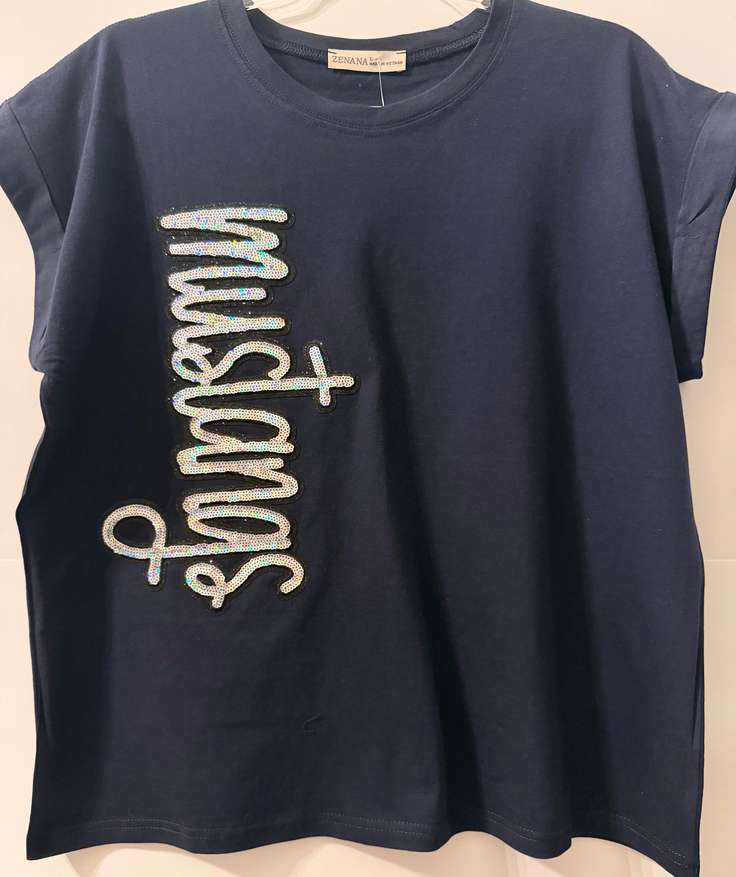 Woman's Navy Cuffed Crop Short Sleeve Top w/ Sequin Patch