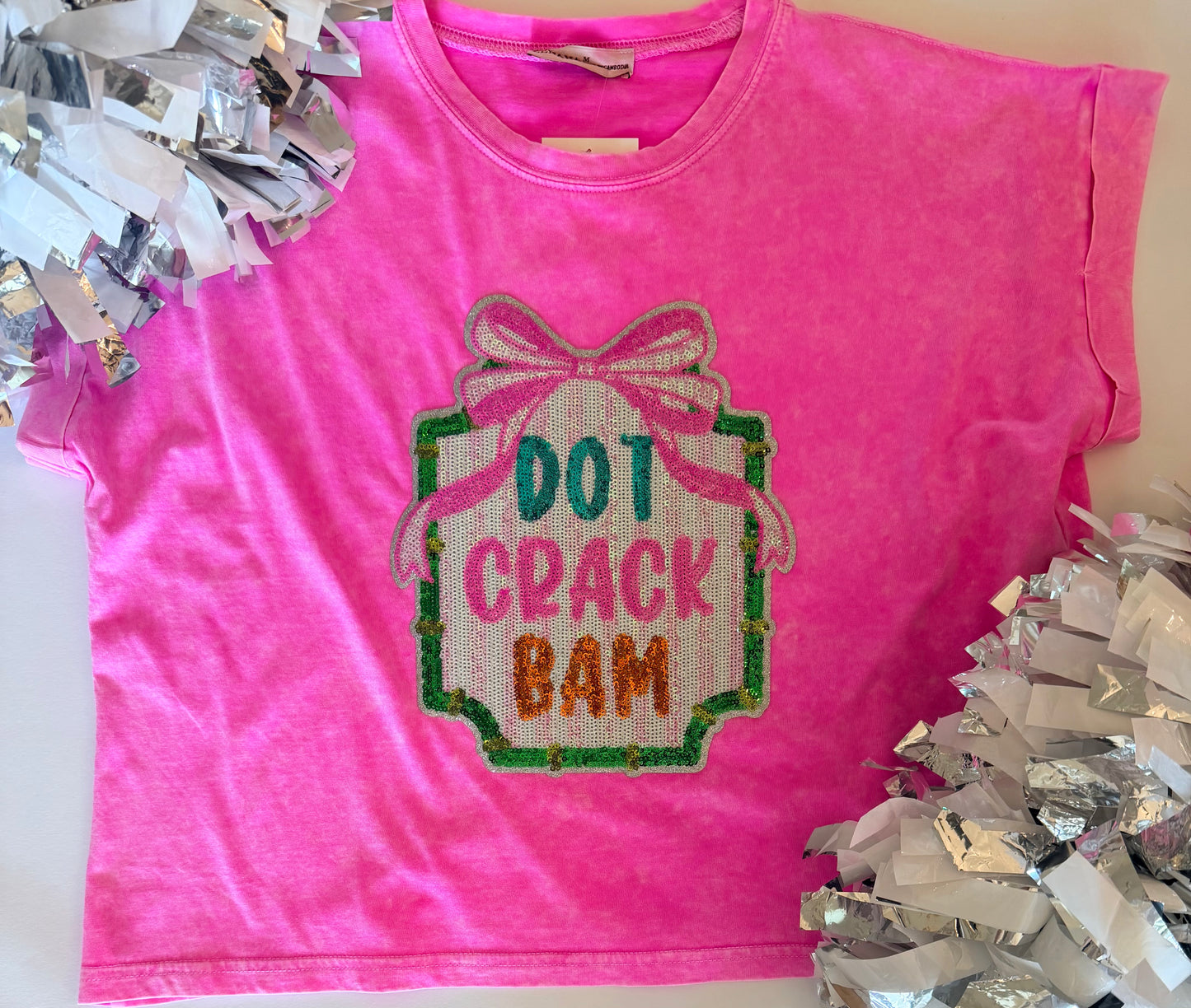 Woman's Pink Cuffed Short Sleeve Top w/ Sequin Patch