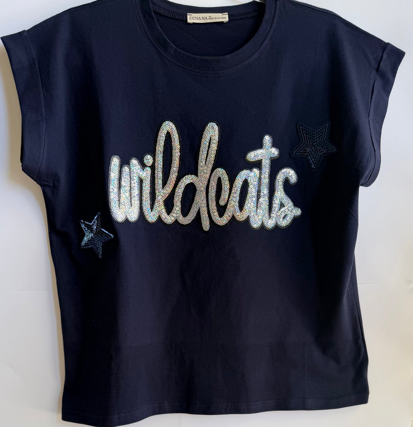 Woman's Full Length Navy Cuffed Short Sleeve w/Large Sequin Patch+2 Stars