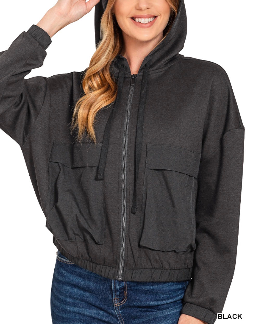 Black Soft Scuba Full Zip Jacket with Large Sequin Star Patches