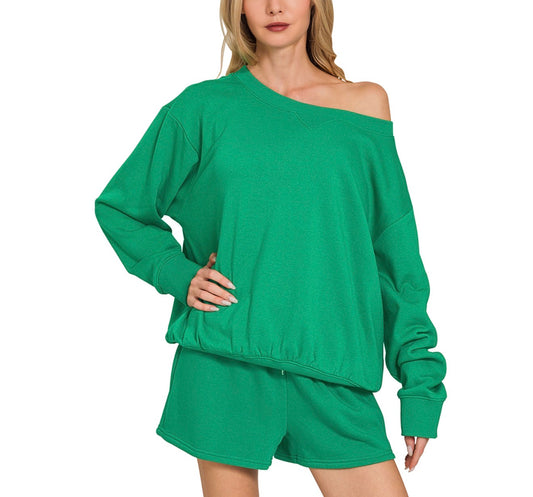 Adult Christmas Green Sweatshirt + Short Set with Single Sequin Patch