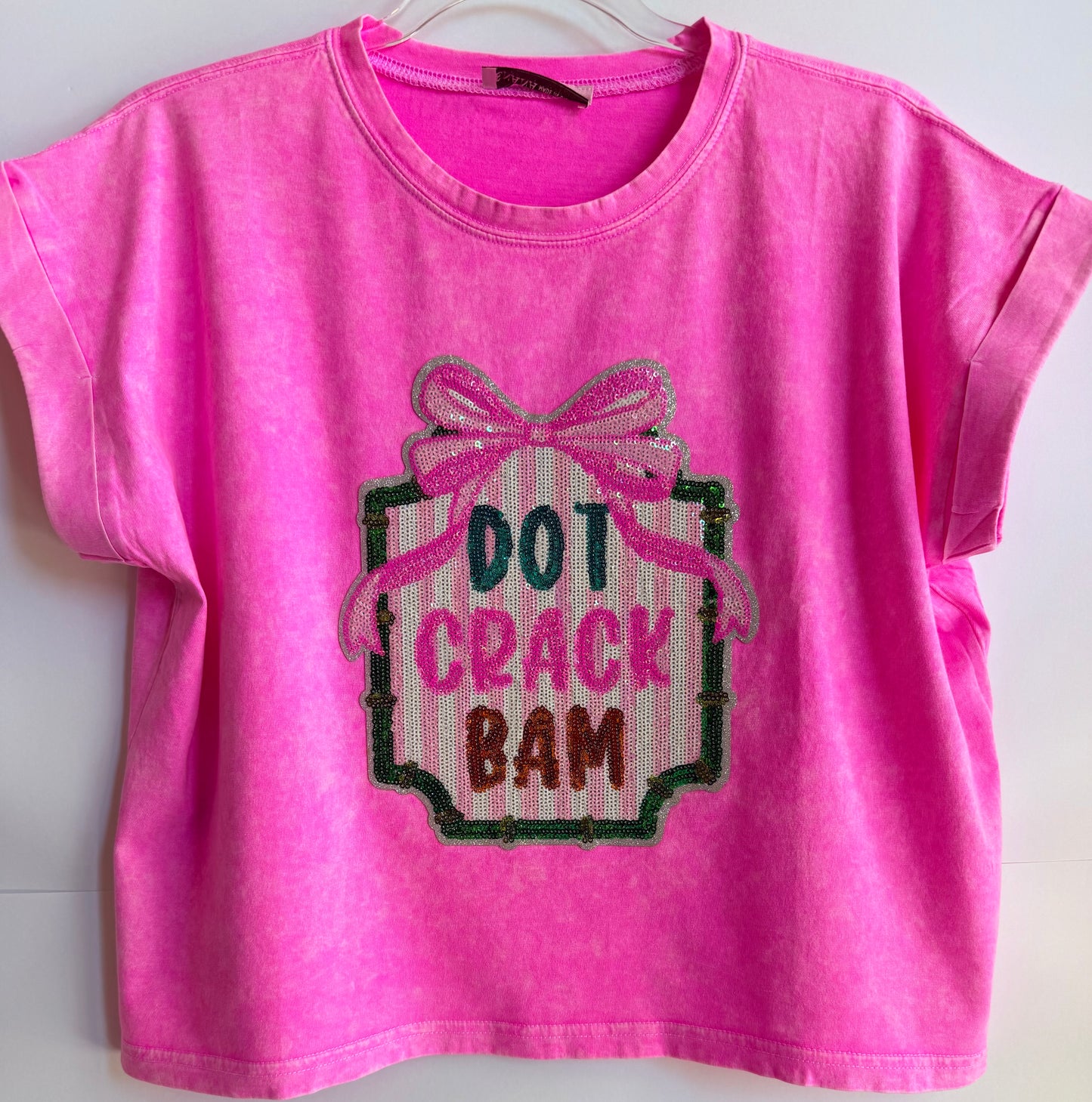 Woman's Pink Cuffed Short Sleeve Top w/ Sequin Patch