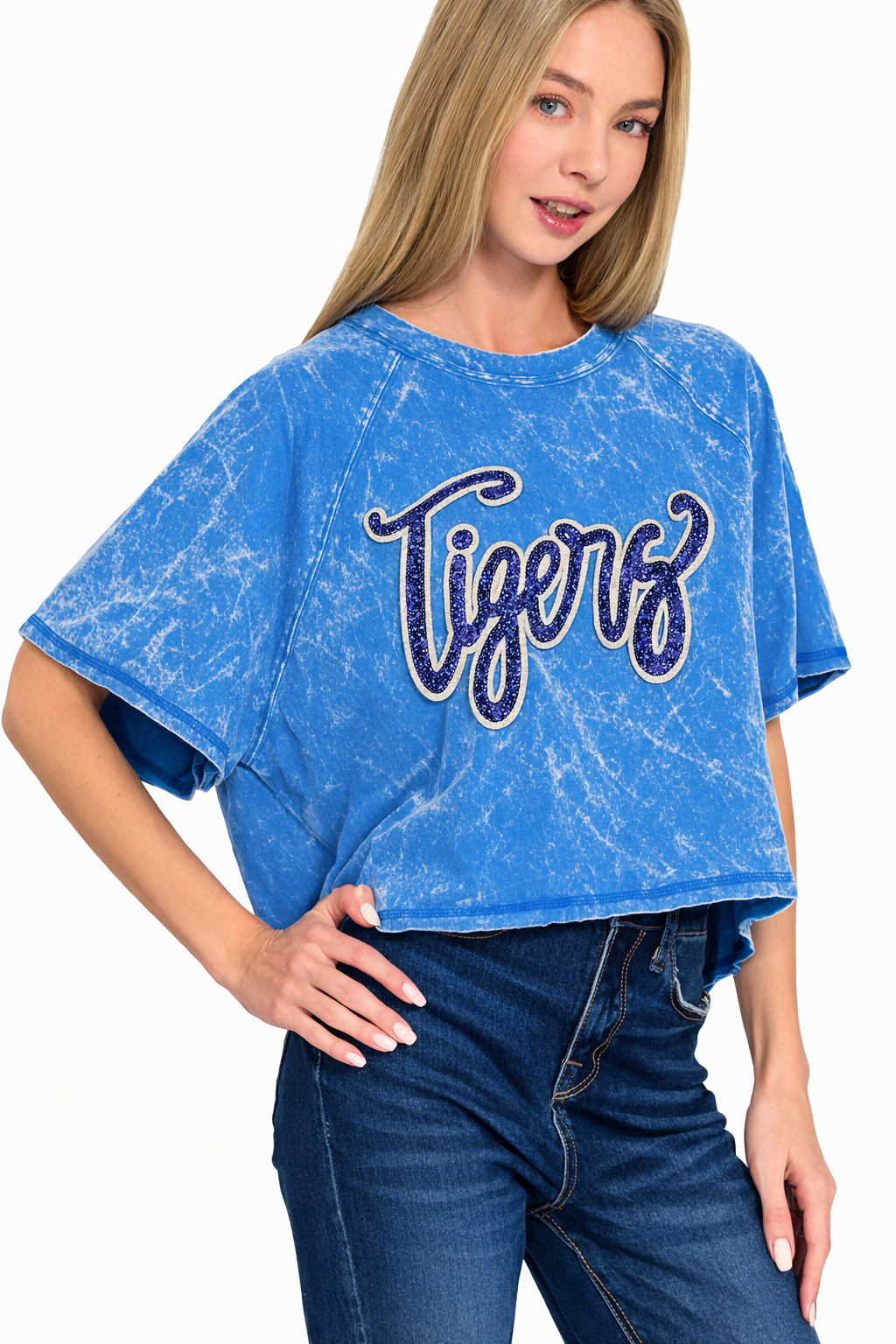 Woman's Blue Crop Tee w/ Large Sequin Patch