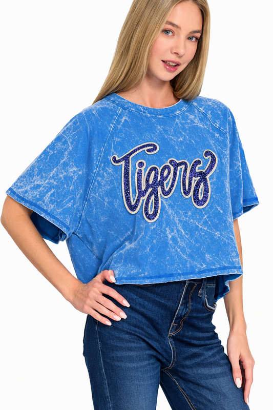 Woman's Blue Crop Tee w/ Large Sequin Patch