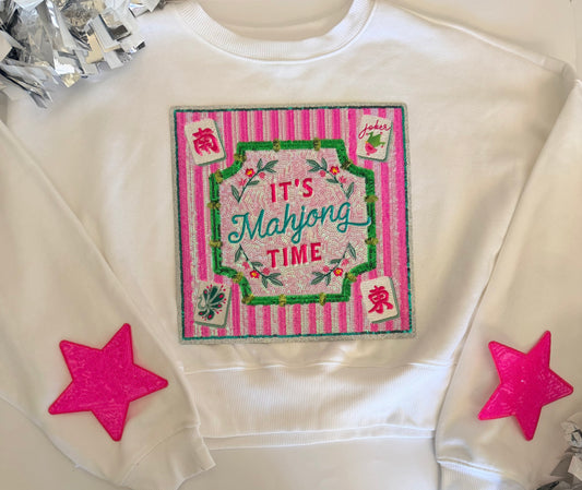 Woman's White Crop Sweatshirt w/ Large Sequin patch+2 Large Stars