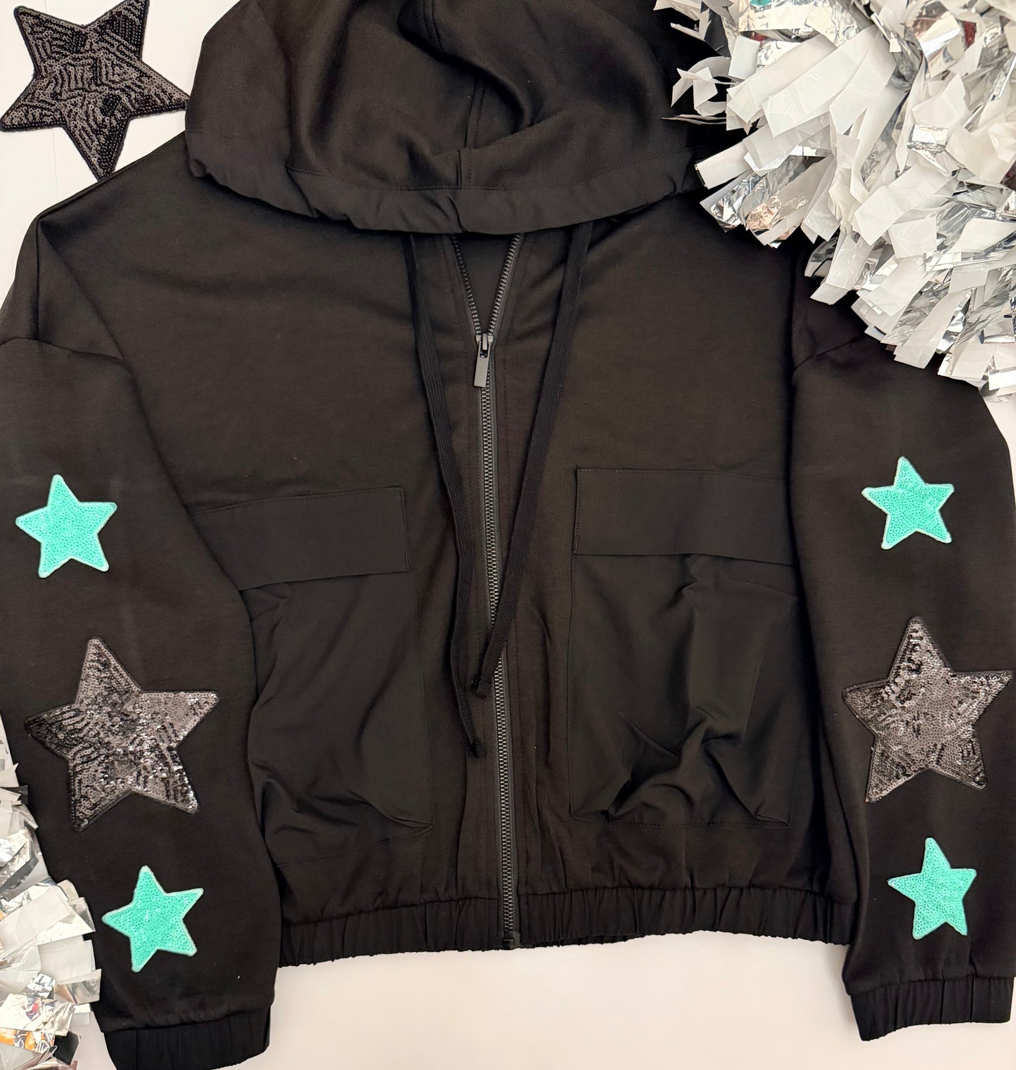 Black Soft Scuba Full Zip Jacket with Large Sequin Star Patches