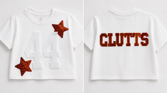Oversized Crop Tee w/ 2 Fuzzy Numbers+2 Stars+6 Letters (Back)