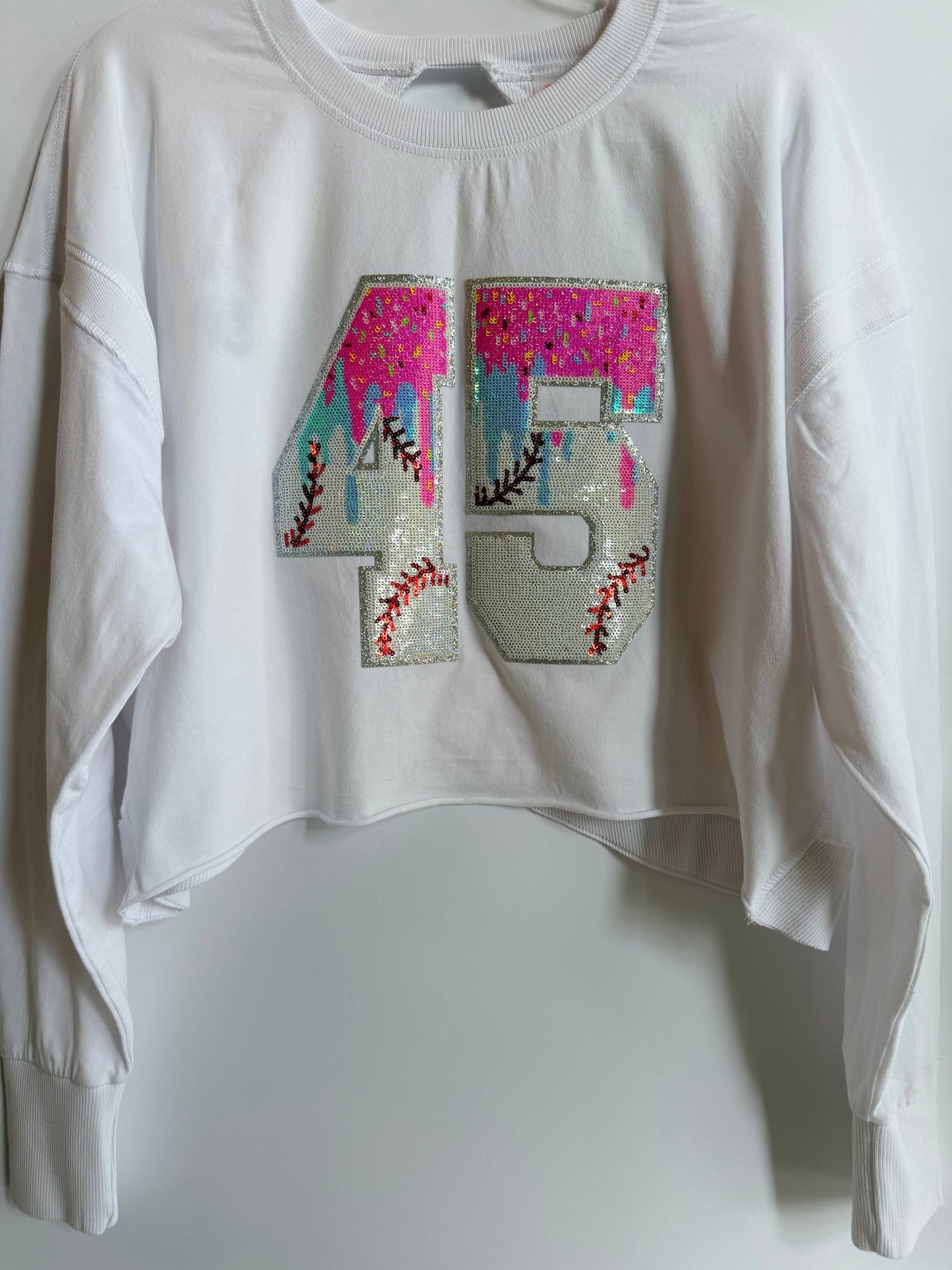 Woman's Open Back Tee w/ 2 Drip Sequin Baseball Numbers