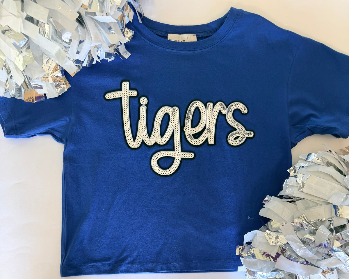 Blue Crop Tee w/ Large Sequin Patch+6 Letters (Back)