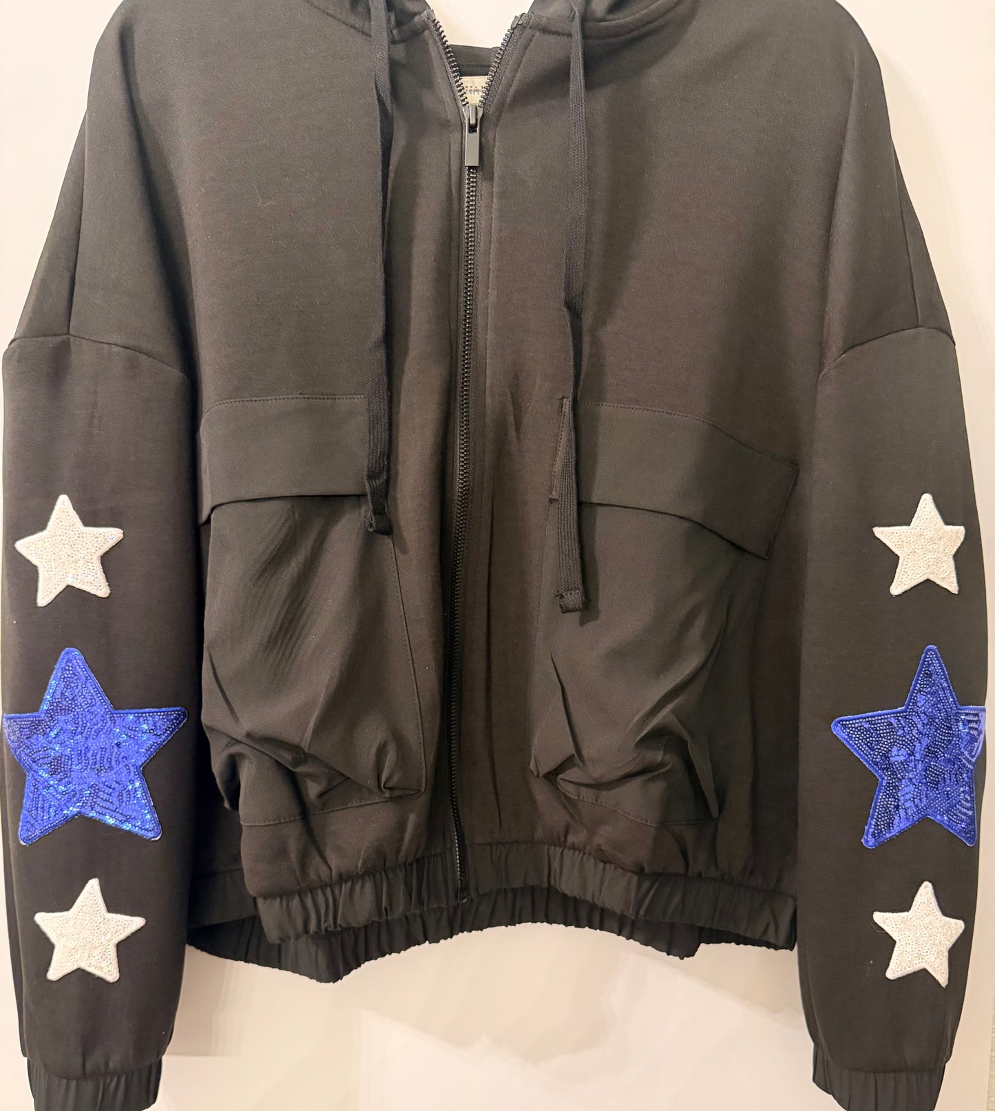 Black Soft Scuba Full Zip Jacket with Sequin Star Patches