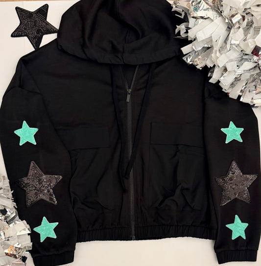 Black Soft Scuba Full Zip Jacket with Large Sequin Star Patches