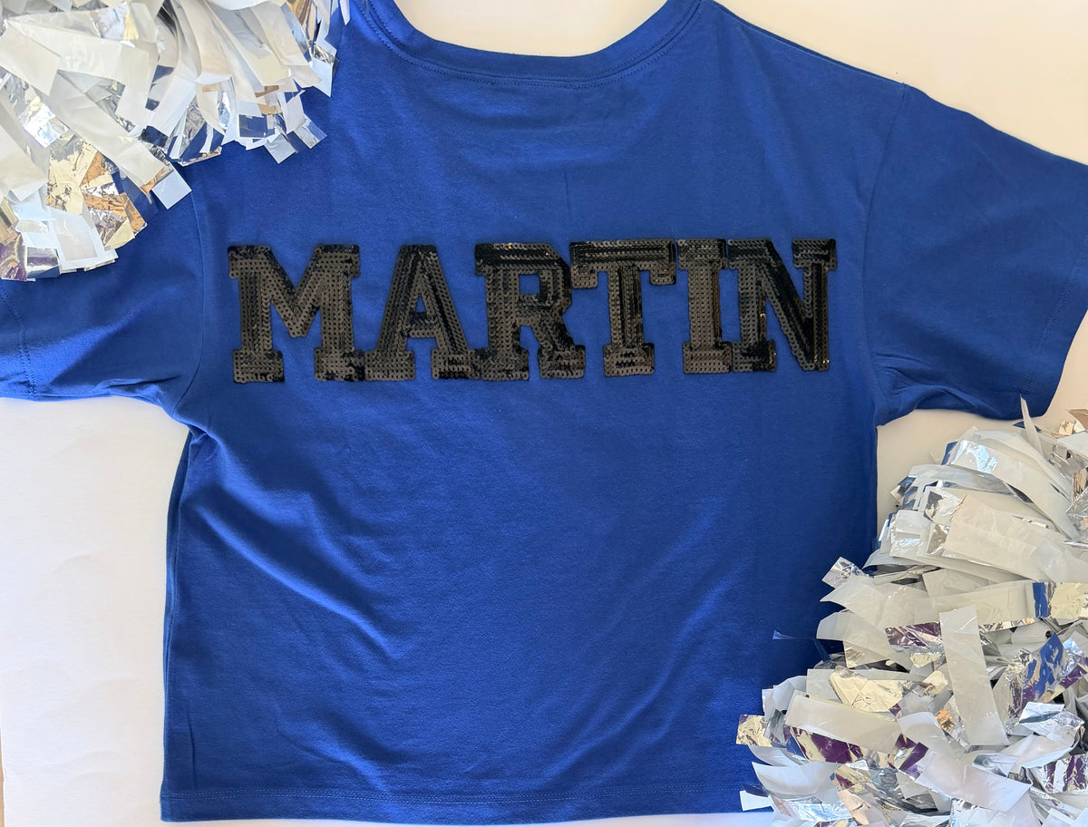Blue Crop Tee w/ Large Sequin Patch+6 Letters (Back)