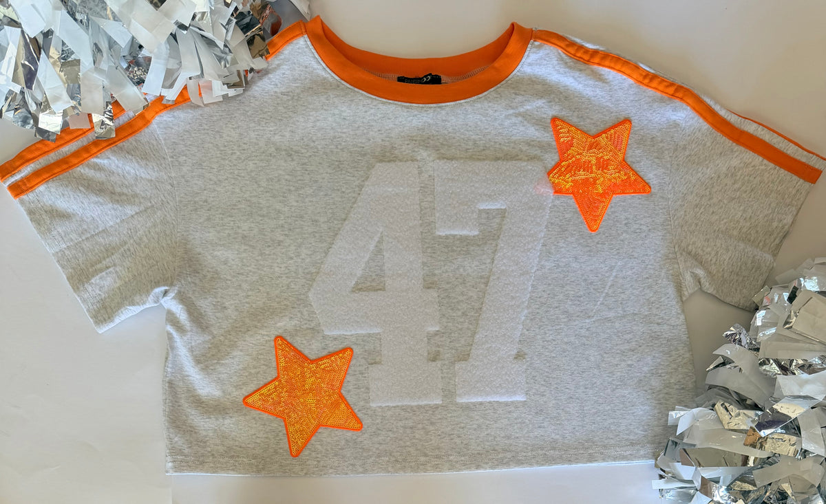 Papermoon Cropped Tee w/ 2 Fuzzy Numbers+2 Stars+8 Letters (Back)
