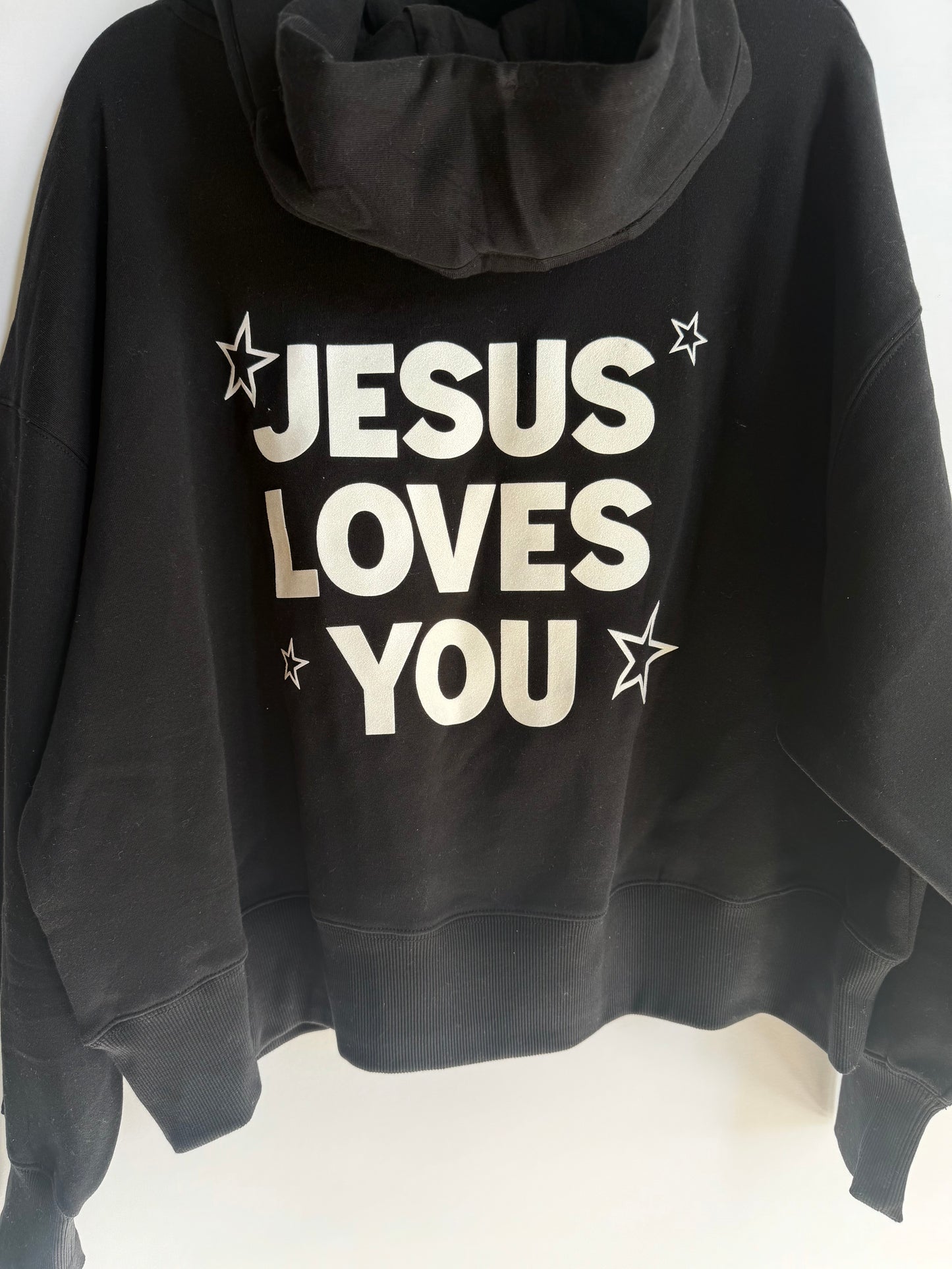 Woman's Black Oversized Jesus Loves You Pocket Hoodie