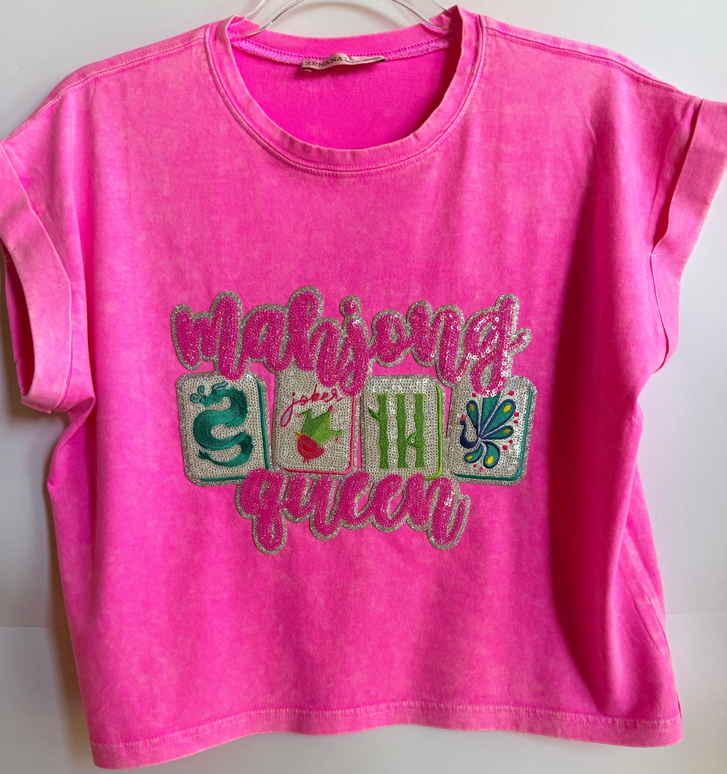 Woman's Pink Cuffed Short Sleeve Top w/ Sequin Patch