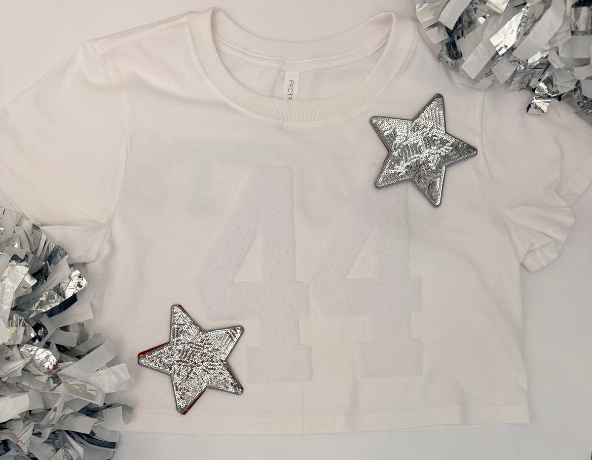 Oversized Crop Tee w/ 1 Fuzzy Numbers+2 Stars
