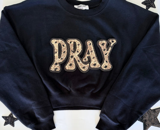 Black Crop Sweatshirt with Pray Sequined Patch