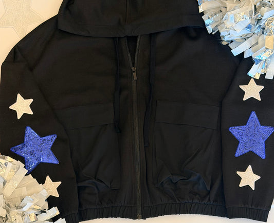 Black Soft Scuba Full Zip Jacket with Sequin Star Patches