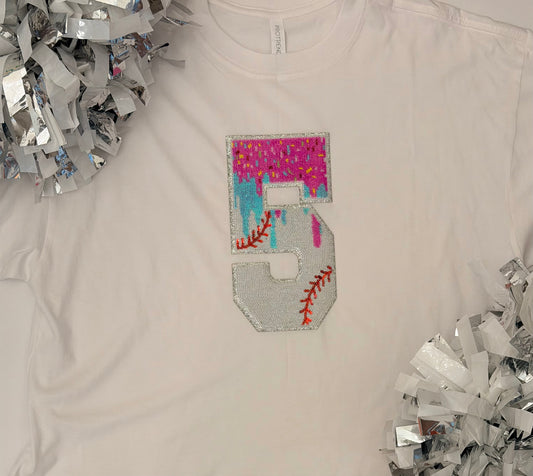 Woman's Short Sleeve Oversized Crop Tee w/ 1 Drip Baseball Number