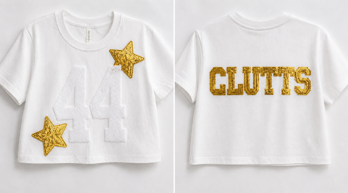 Oversized Crop Tee w/ 2 Fuzzy Numbers+2 Stars+6 Letters (Back)