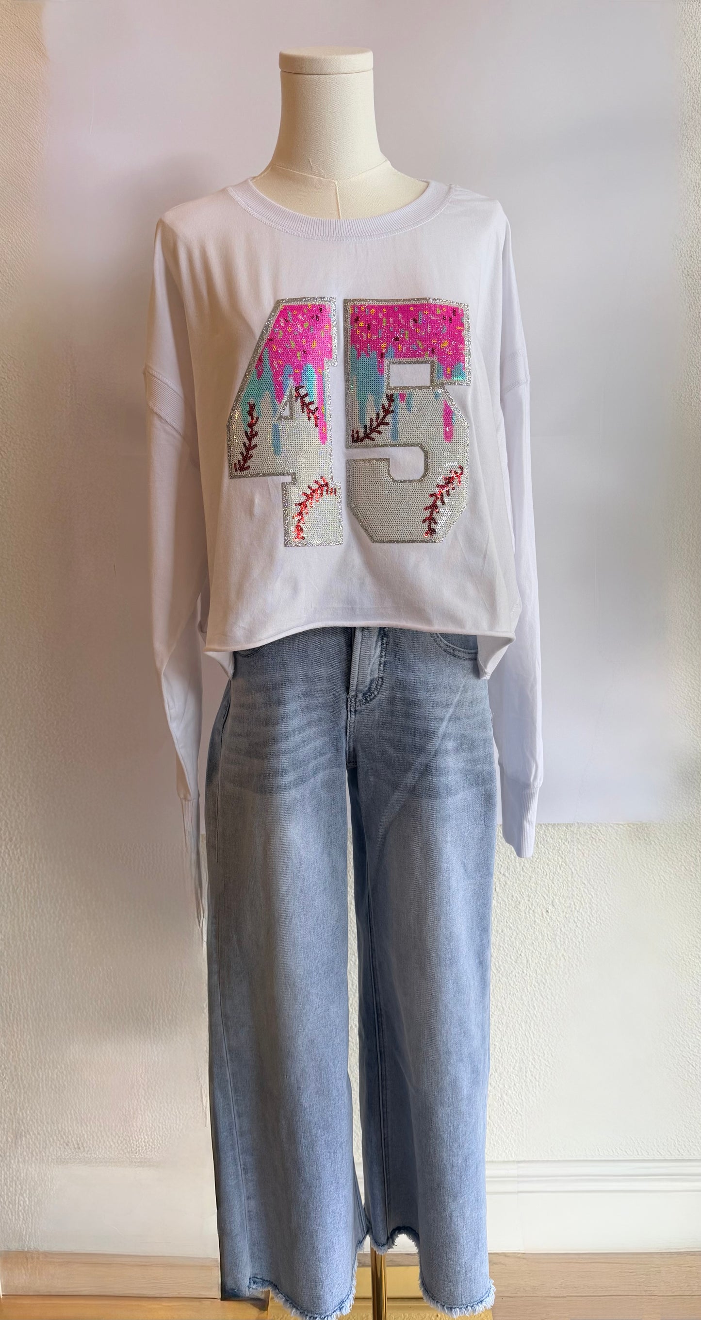 Woman's Open Back Tee w/ 2 Drip Sequin Baseball Numbers