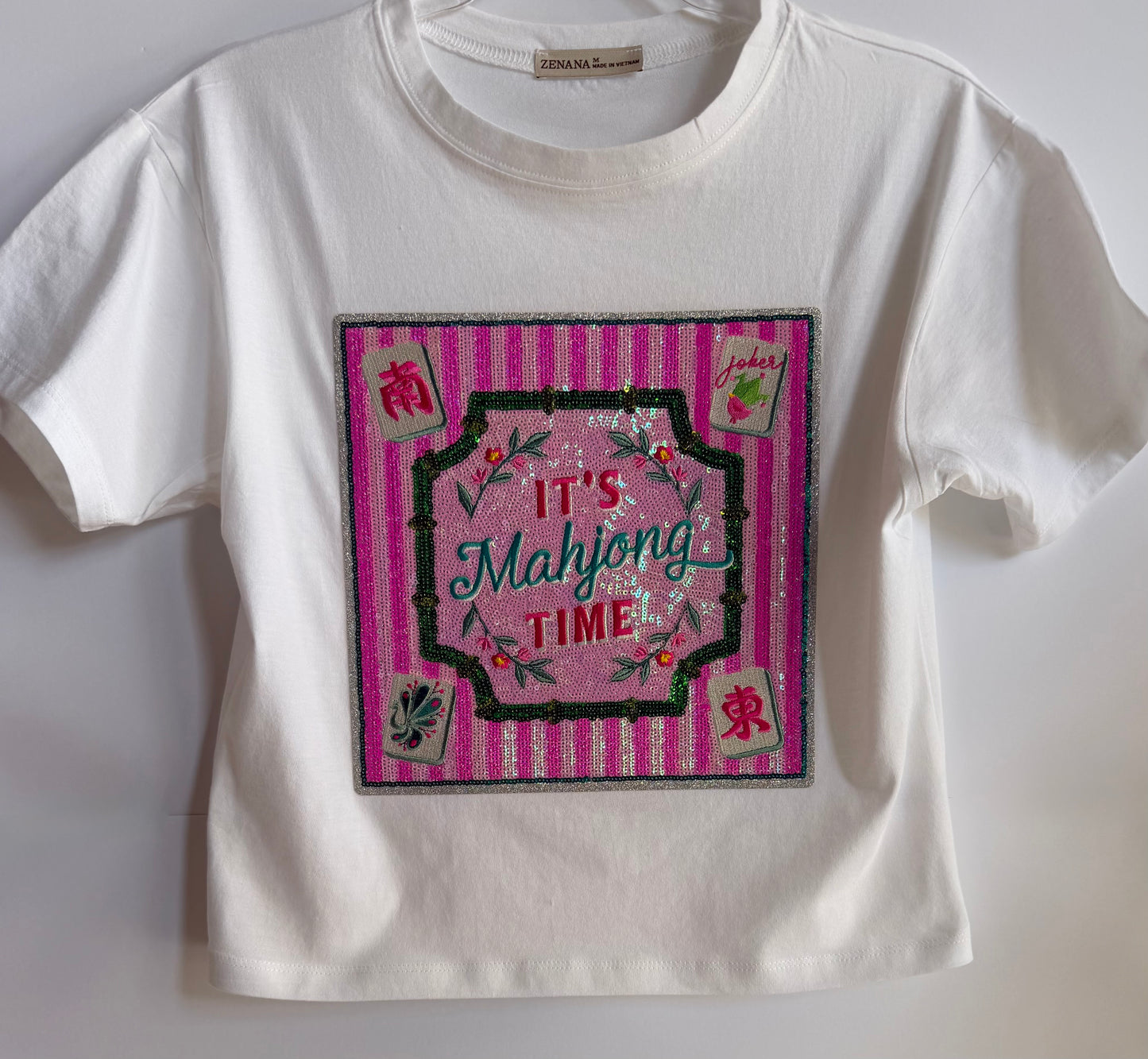 Woman's Short Sleeve Crop Tee w/ Large Sequin Patch