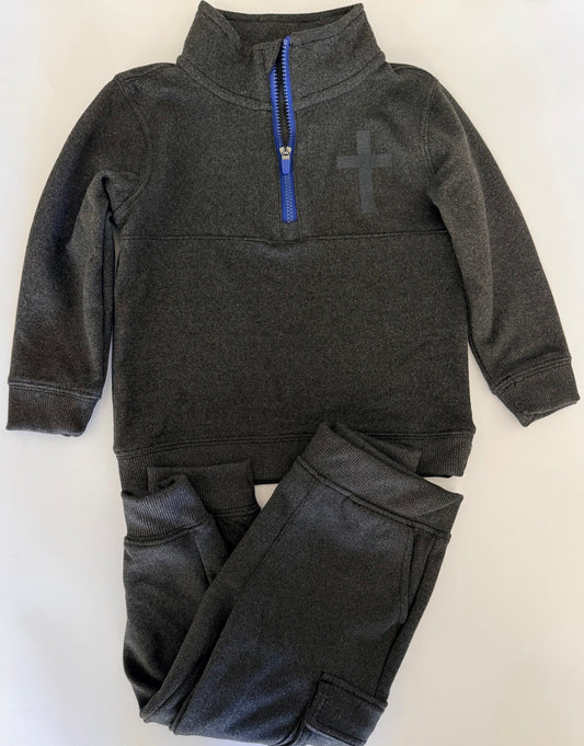Toddler Charcoal Boys Fleece Half Zip and Jogger Set w/ Cross