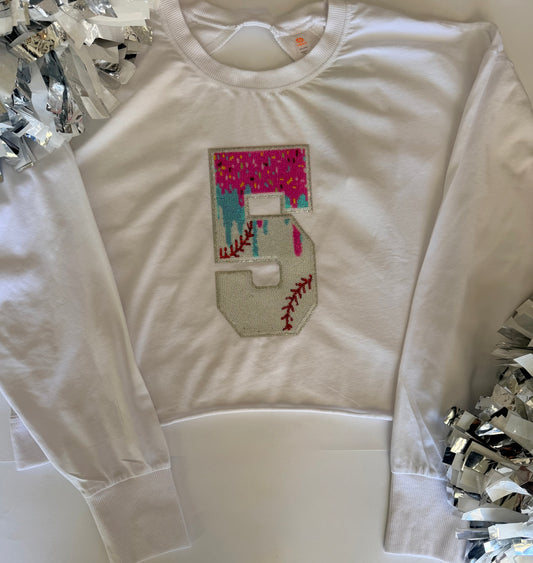 Woman's Open Back Tee w/ 1 Drip Sequin Baseball Number