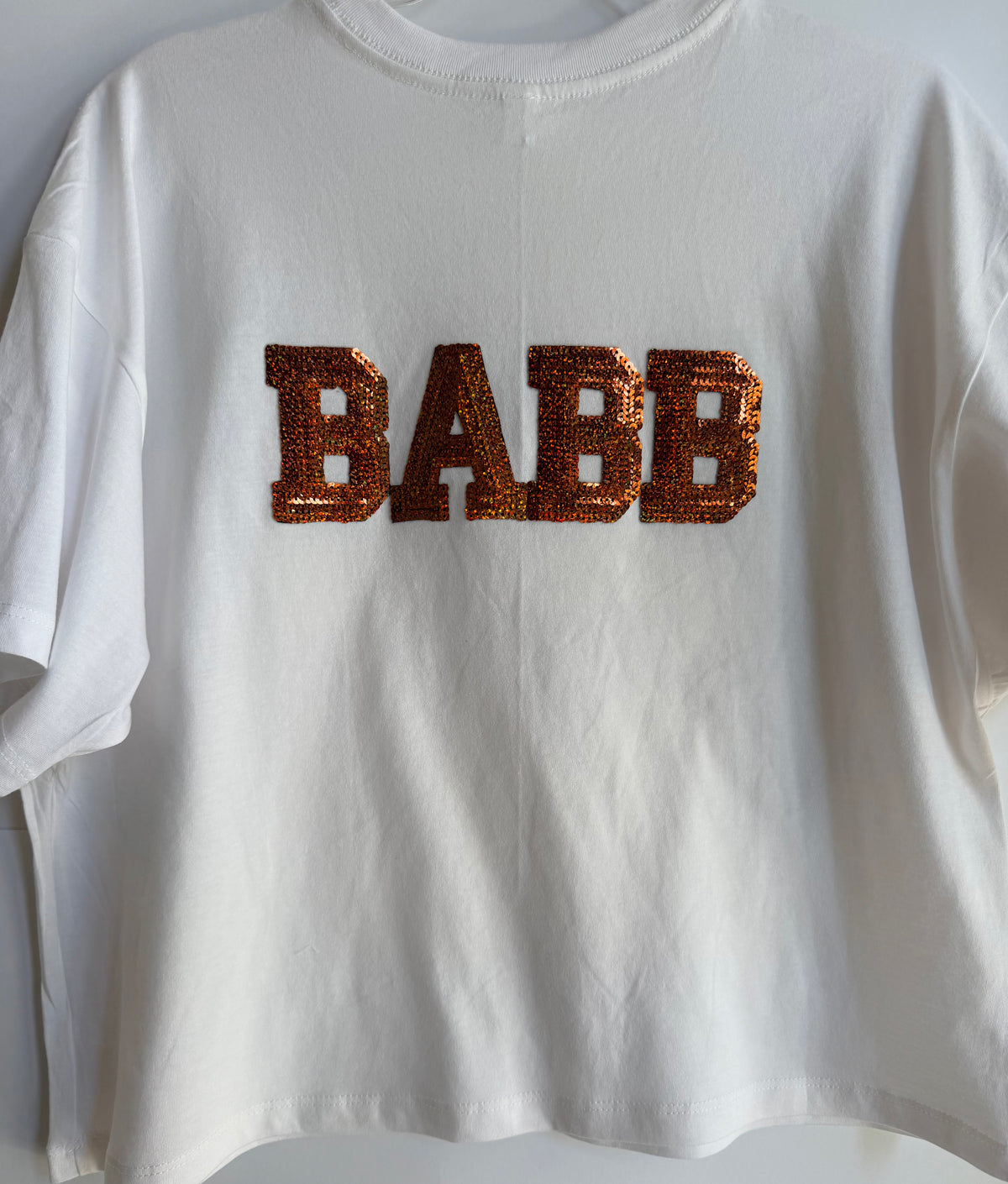 Oversized Crop Tee w/ Large Sequin Patch+2 Stars+4 Letters (Back)