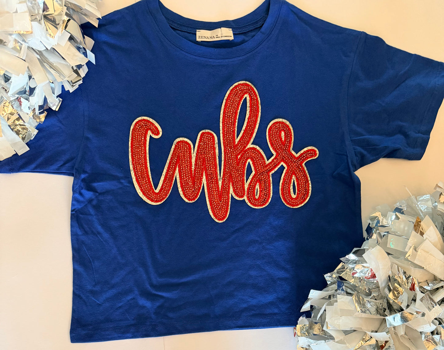 Woman's Blue Short Sleeve Crop Tee w/ Large Sequin Patch
