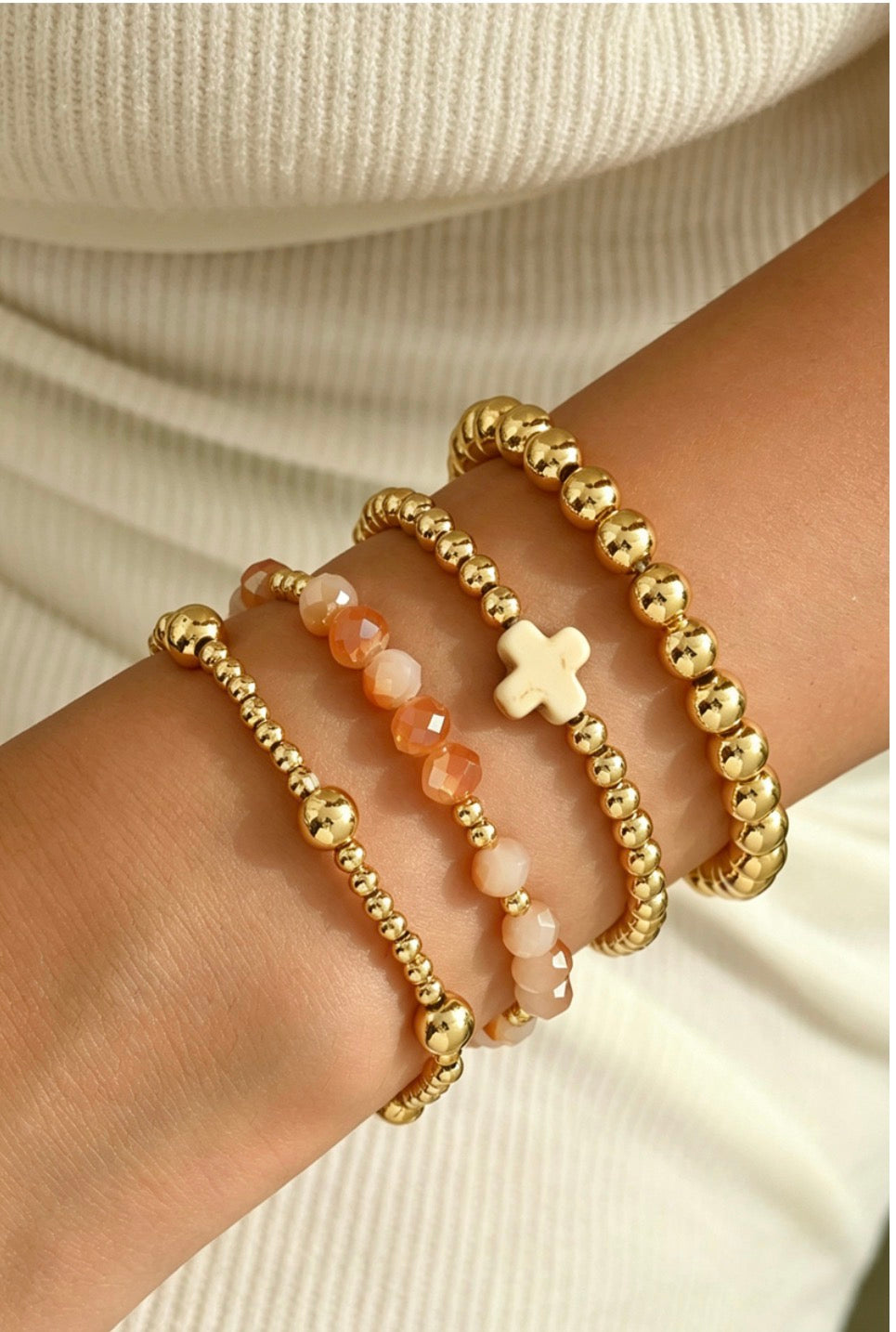 Gold Cross Beaded Stretch Bracelets-Pack of 4
