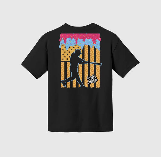 Baller Lifestyle Baseball Drip American Flag Youth T-Shirt