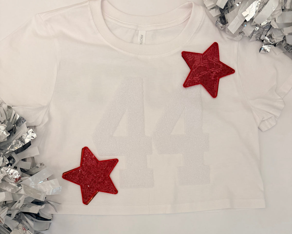 Oversized Crop Tee w/ 1 Fuzzy Numbers+2 Stars