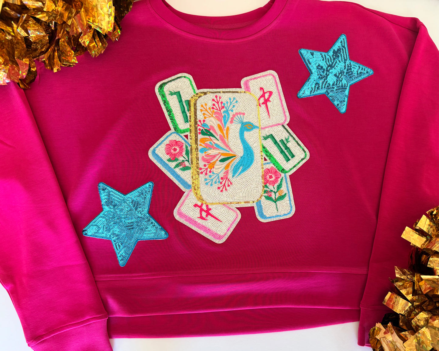 Woman's Pink Sweatshirt with Large Mahjong Patch and 2 Stars