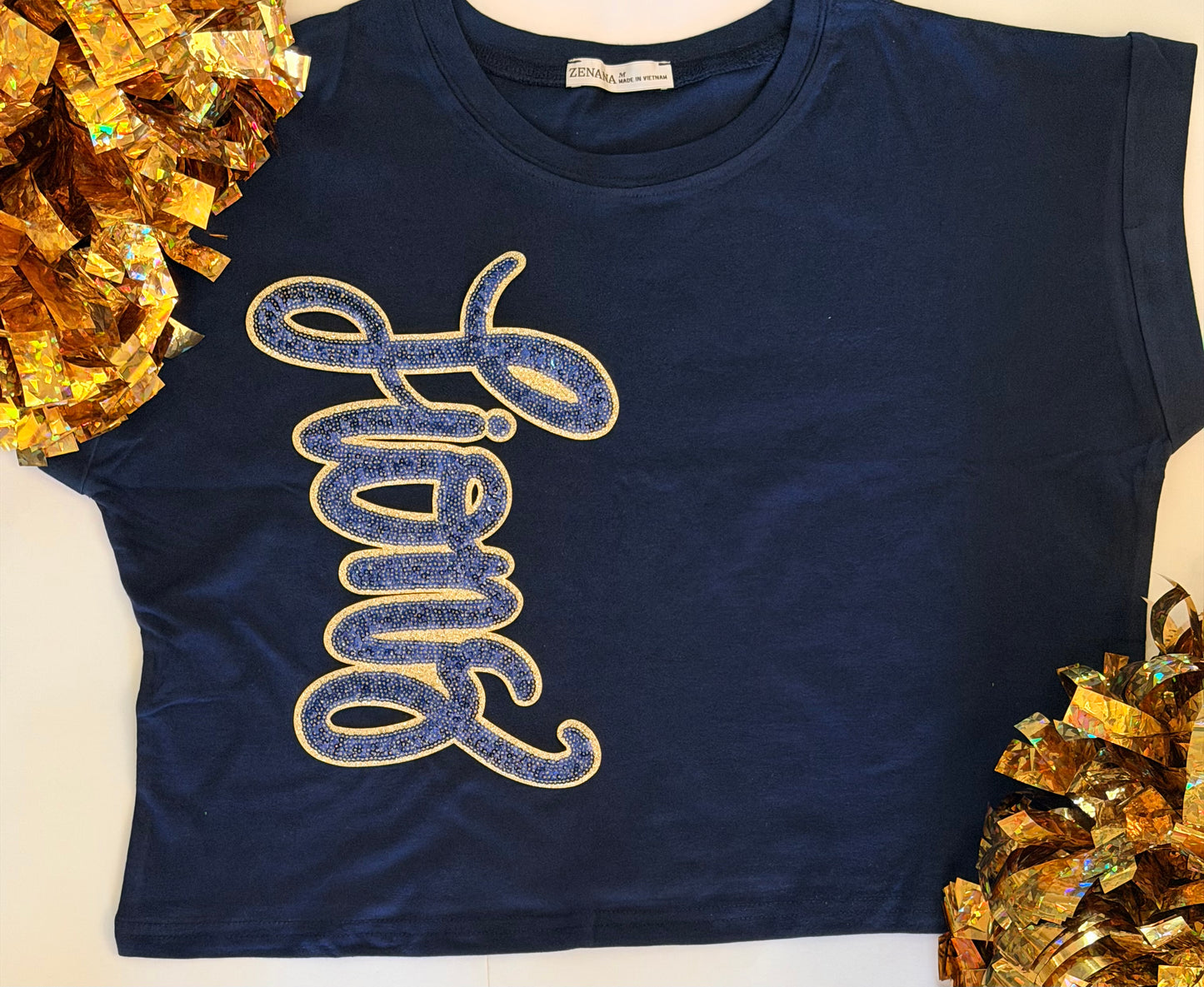 Woman's Navy Cuffed Crop Short Sleeve Top w/ Sequin Patch