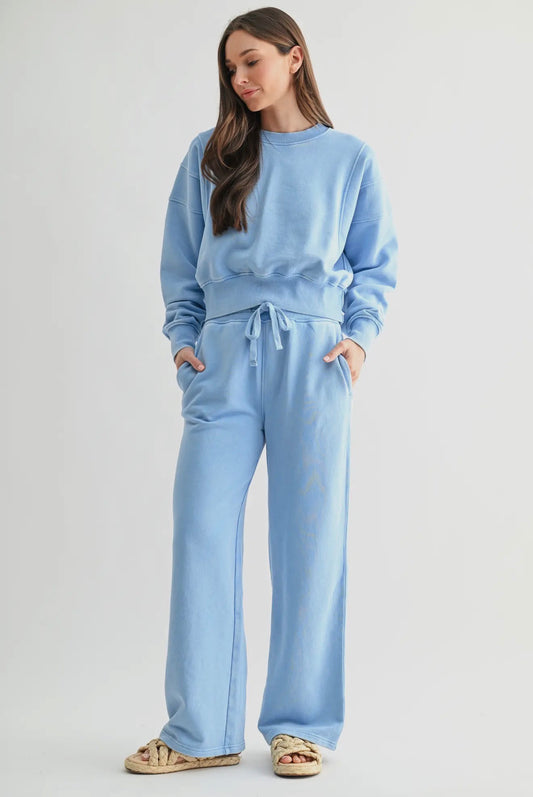 Mineral Wash Cropped Sweatshirt and Wide Leg Sweatpant Set