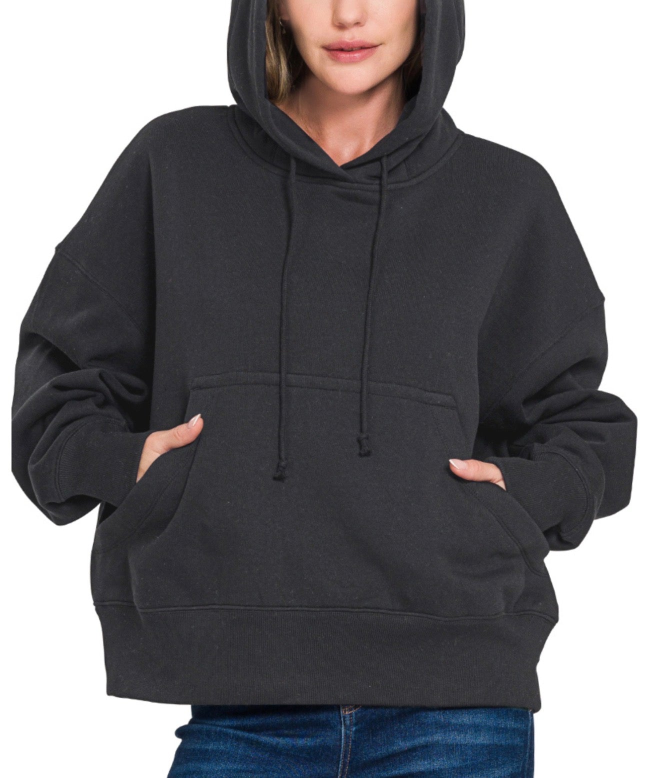 Woman's Black Oversized Jesus Loves You Pocket Hoodie