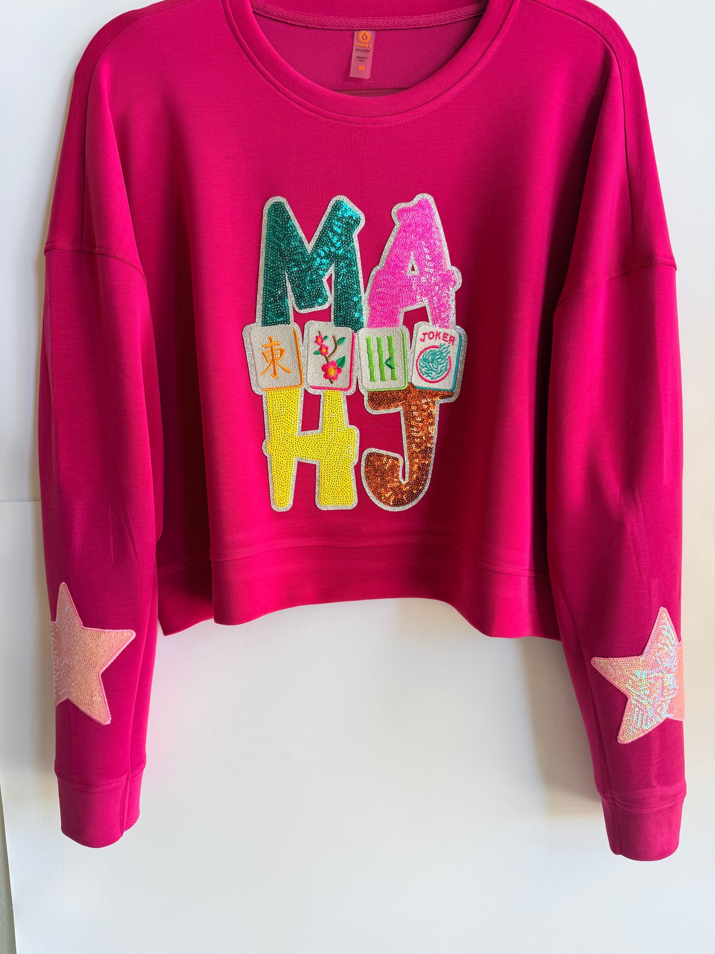 Woman's Pink Sweatshirt with Large Mahjong Patch and 2 Stars