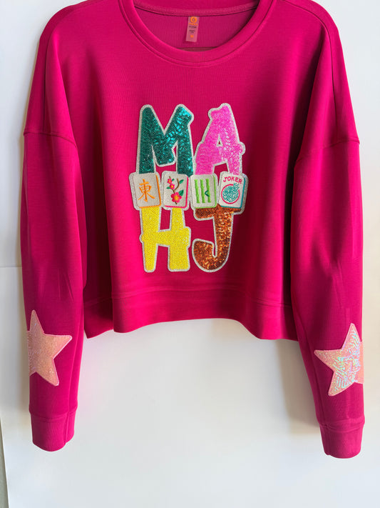 Woman's Pink Sweatshirt with Large Mahjong Patch and 2 Stars