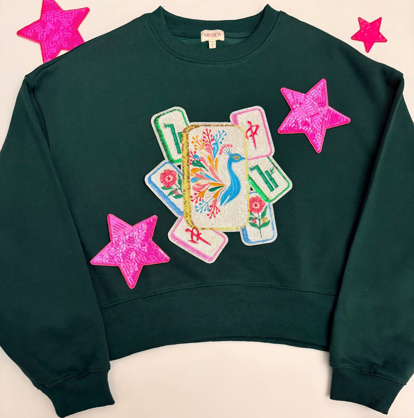 Green Mahjong Bird Bam Game Tiles Sequin Sweatshirt with 2 Stars