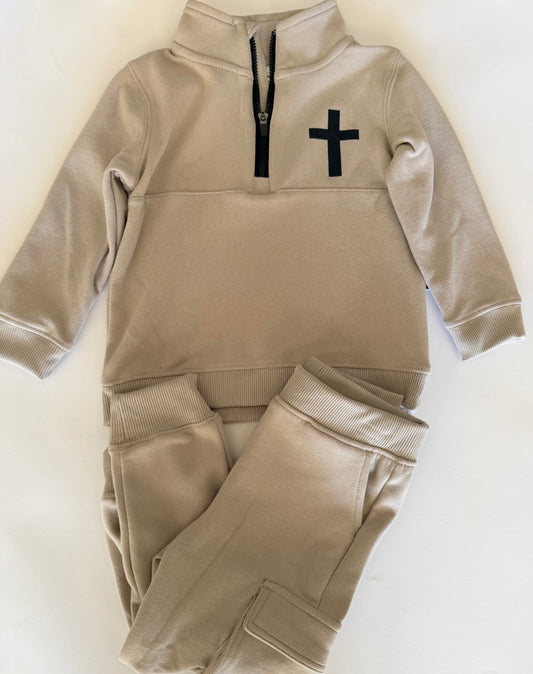 Toddler Beige Boys Fleece Half Zip and Jogger Set w/ Cross