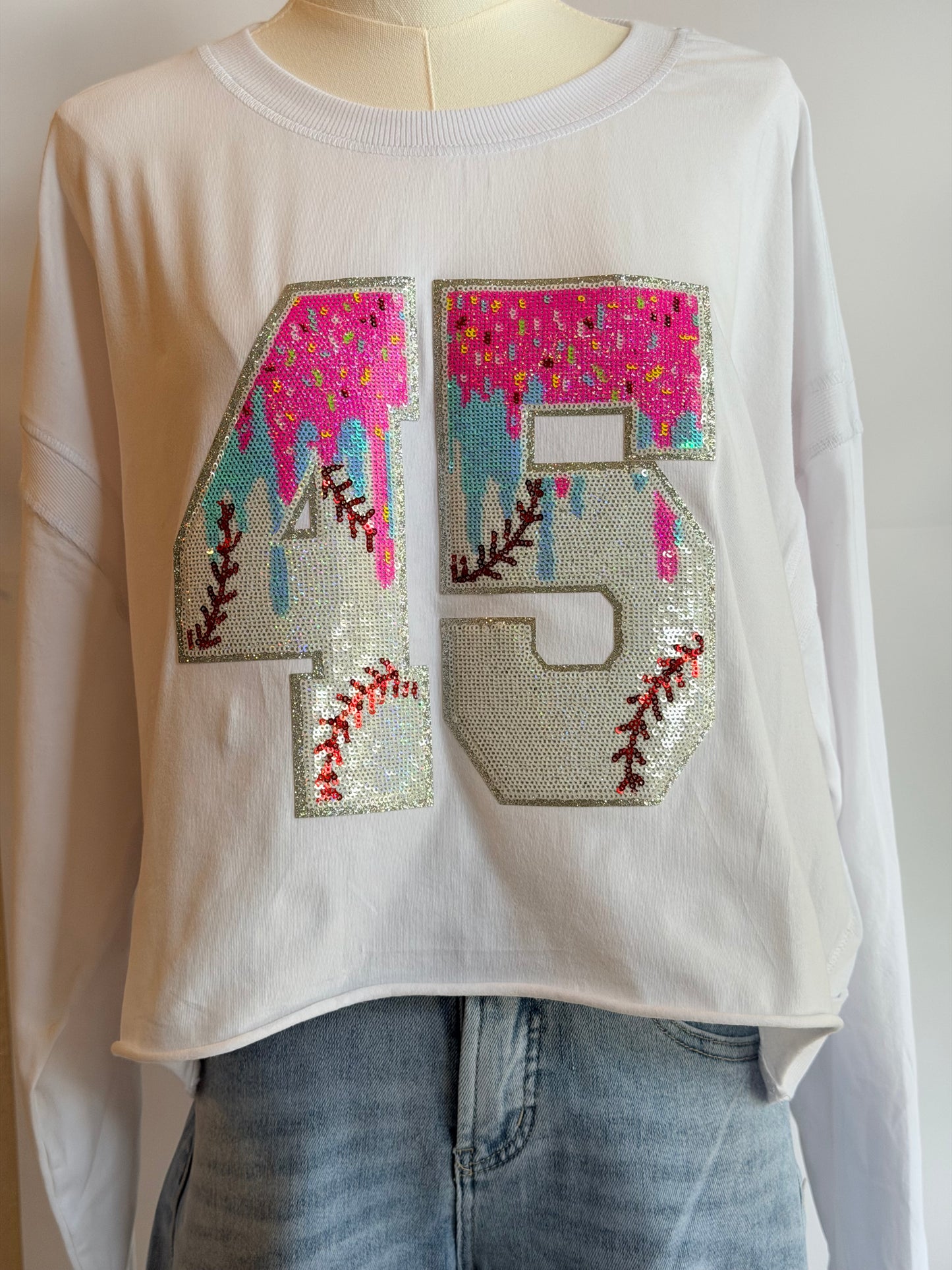 Woman's Open Back Tee w/ 2 Drip Sequin Baseball Numbers