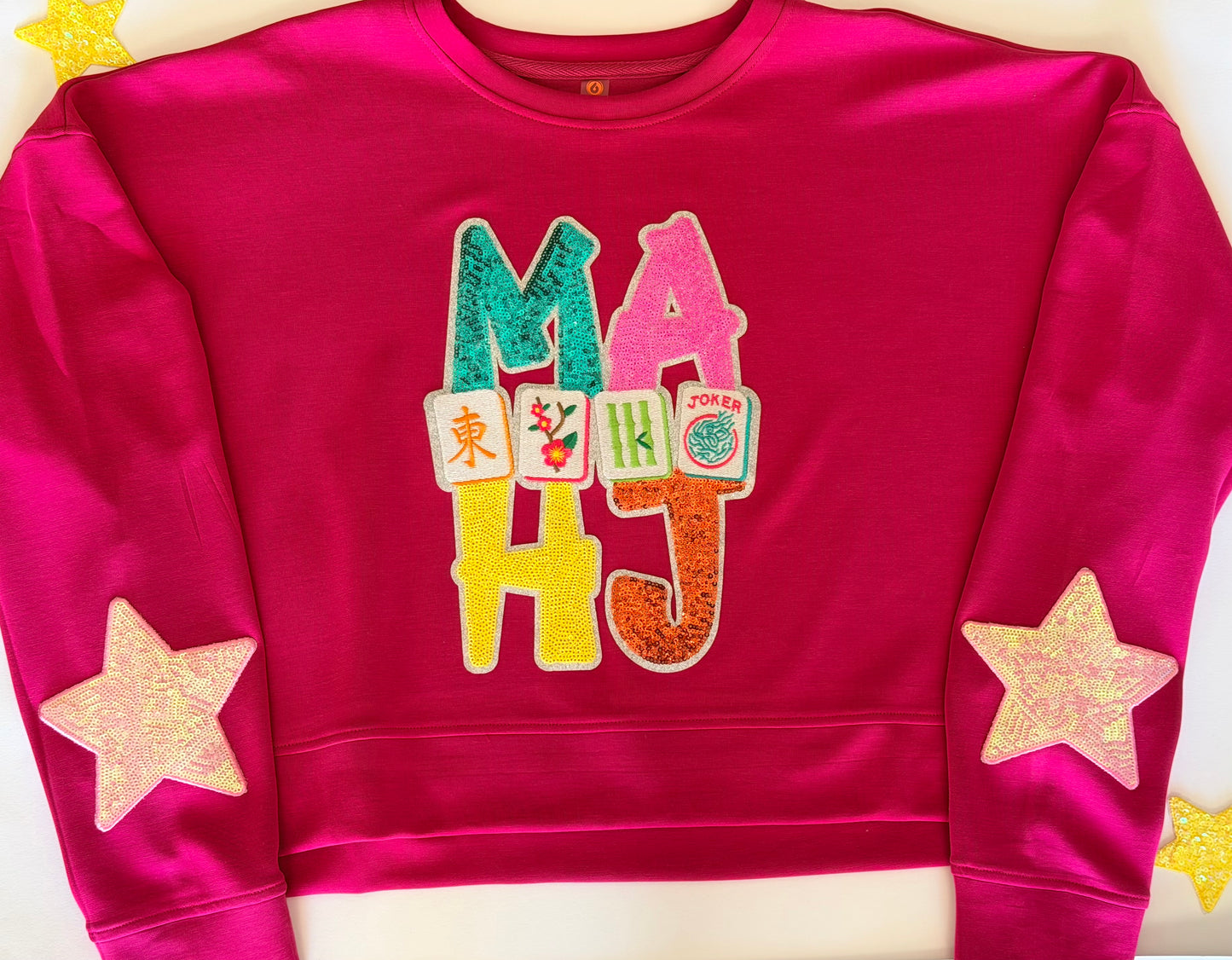 Woman's Pink Sweatshirt with Large Mahjong Patch and 2 Stars