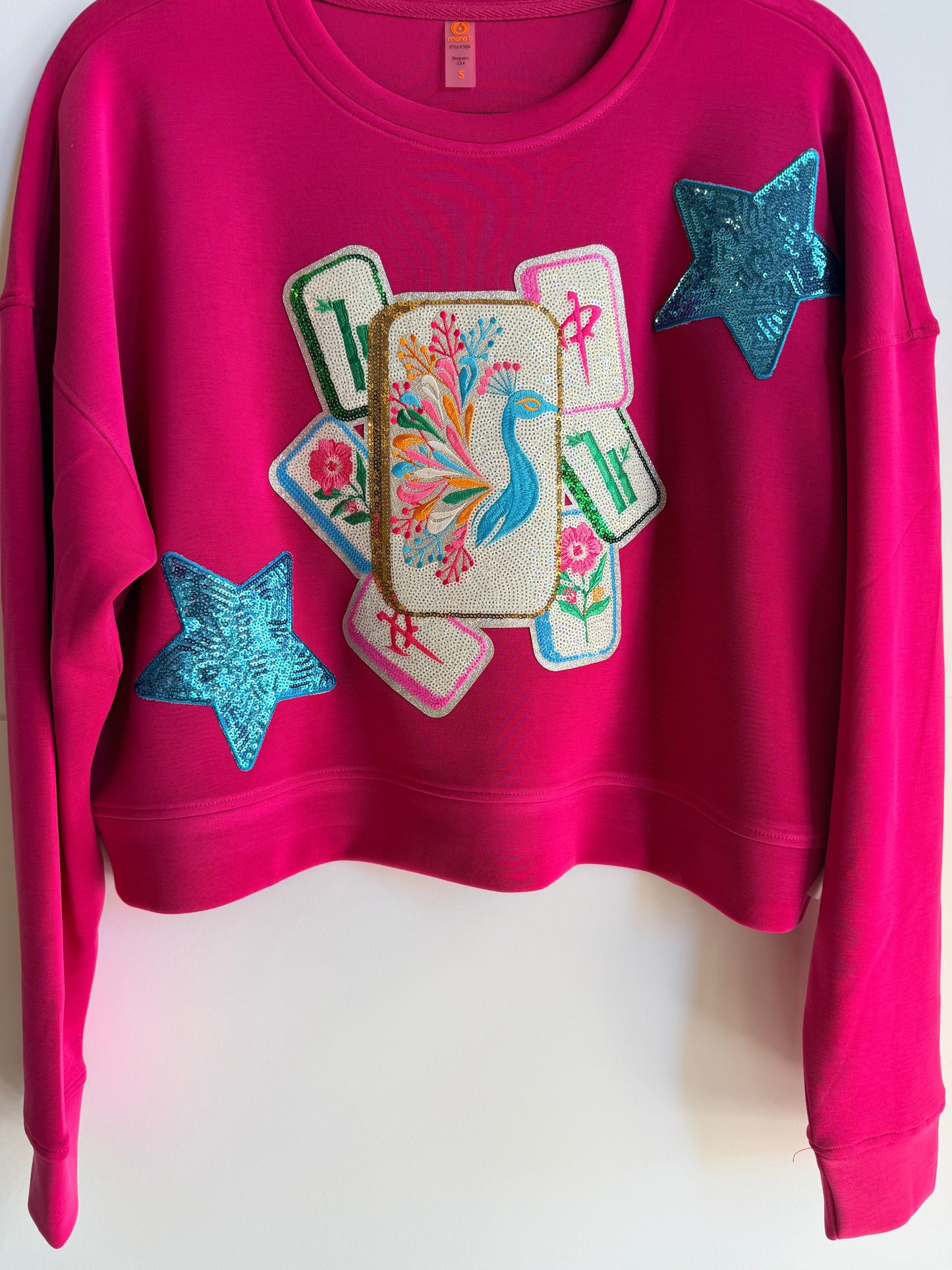 Woman's Pink Sweatshirt with Large Mahjong Patch and 2 Stars
