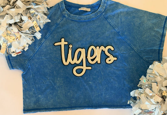 Woman's Blue Crop Tee w/ Large Sequin Patch